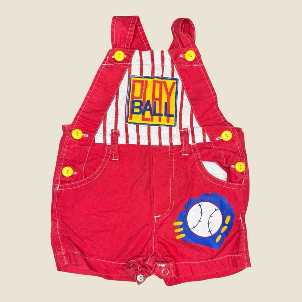 Red Kids Overalls with Baseball Design